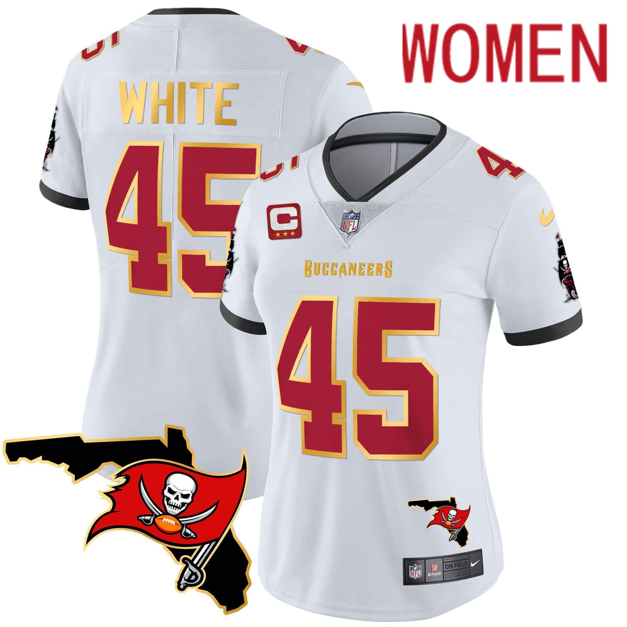 Women Tampa Bay Buccaneers 45 White White 2024 Nike Florida Patch Gold Trim Vapor NFL Jersey